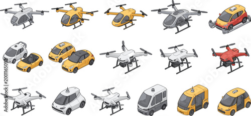 Autonomous Delivery Drones and Smart Vehicles Isometric Set, Collection of Flying Robots, Self Driving Cars, Vans and Urban Transport Technology Vector Illustration