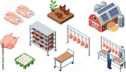 Poultry Farming and Meat Processing Set in Isometric Style, Collection of Chicken Production, Eggs, Farm, Slaughterhouse and Food Industry Vector Illustration