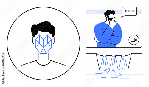 Artificial intelligence, remote communication, digital identity, technology, biometric security, data networks. Human face with AI recognition pattern, person thinking on video call, abstract data