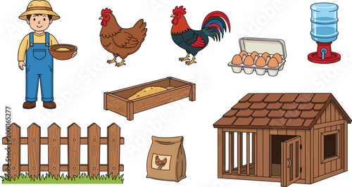 Chicken Farm Elements Set in Flat Style, Collection of Farmer, Rooster, Hen, Eggs, Coop, Fence and Feeding Equipment Vector Illustration