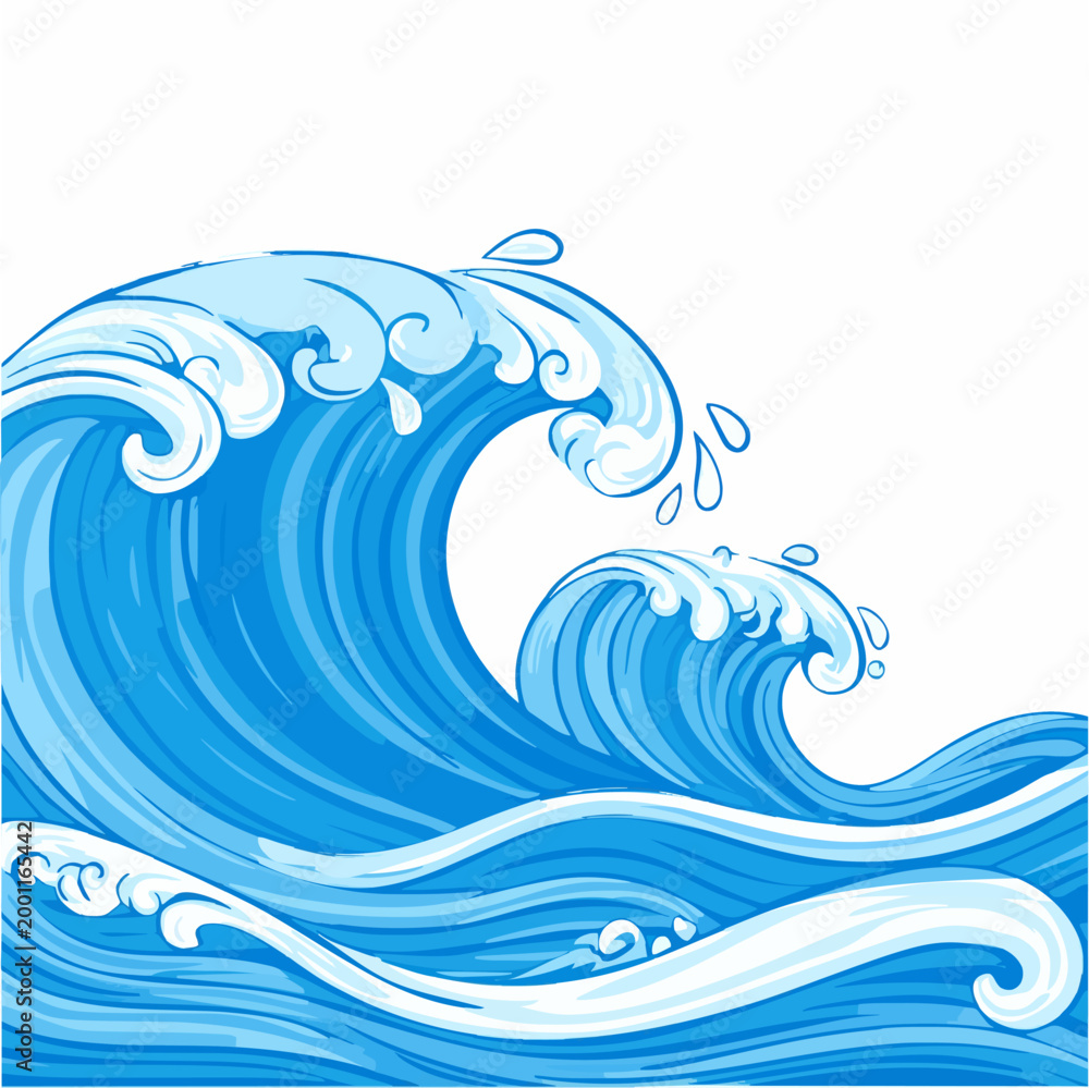Fototapeta premium Ocean Waves Illustration: Dynamic Blue Water Swirls and Spray, Flat Design Graphic
