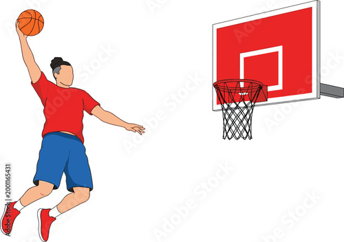 Basketball Player Dunking Ball into Hoop in Action Pose, Male Athlete Jumping for Slam Dunk Shot Vector Illustration in Flat Style