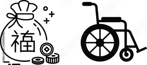 Set of black line featuring a traditional chinese fortune money bag with coins and a medical wheelchair symbol for healthcare and financial concepts
