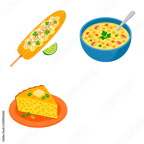 Delicious corn dishes: corn on the cob, corn soup, and corn bread