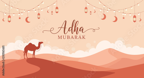 Eid al adha mubarak festive desert scene with camel and crescent moons