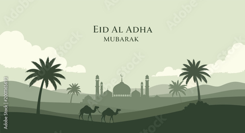 Eid al adha mubarak scenic desert landscape with mosque and camels