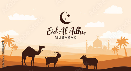 Eid al adha mubarak festive desert scene with camels and crescent moon
