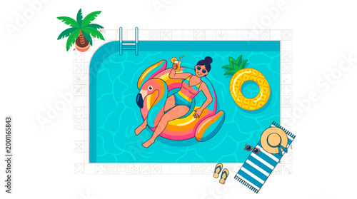 A woman enjoys a refreshing cocktail while relaxing on a flamingo float in the pool, surrounded by summery vibes. A hat and towel rest nearby, inviting relaxation 
