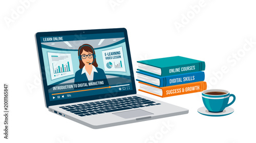 Laptop with online course and educational books, enhancing remote learning experience, beside cup of coffee