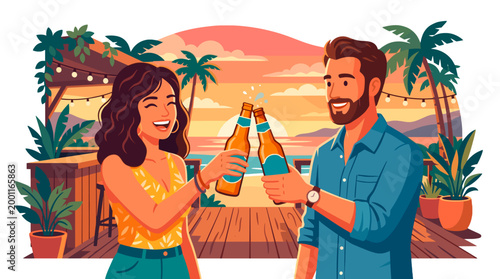 A couple toasting bottles of beverage in a scenic beachside bar, evoking happiness and relaxation 