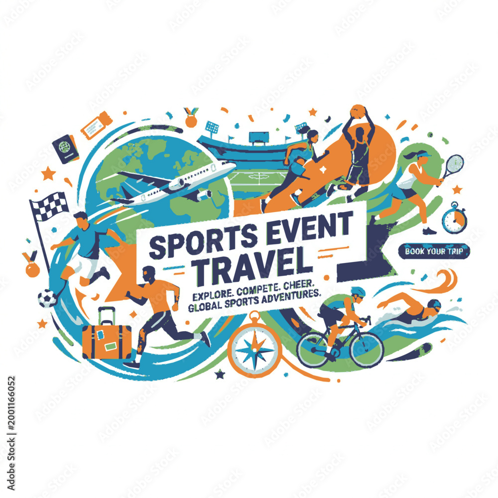Obraz premium Dynamic illustration: Sports Event Travel with diverse sports activities, featuring a globe