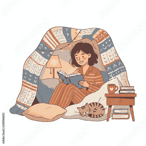 A girl reading a book in her cozy indoor fort with cat