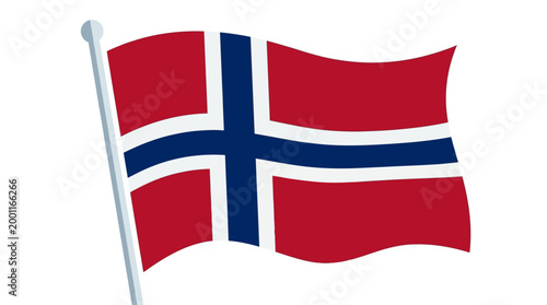 Stylized norwegian flag waving on a white pole against a clean background