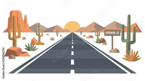 Desert highway perspective open road leading to sunset in minimalist style
