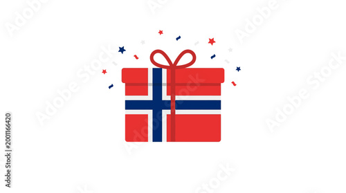 Gift box with norwegian flag design and festive confetti on white background
