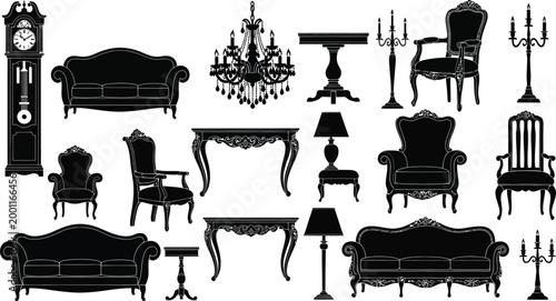 Black vintage furniture set illustration Vector