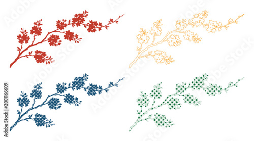 Photos Cross-stitch floral branch vector set, embroidered botanical design elements, de