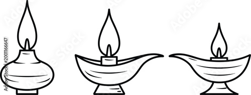 Outline Illustrations of Three Oil Lamps diya