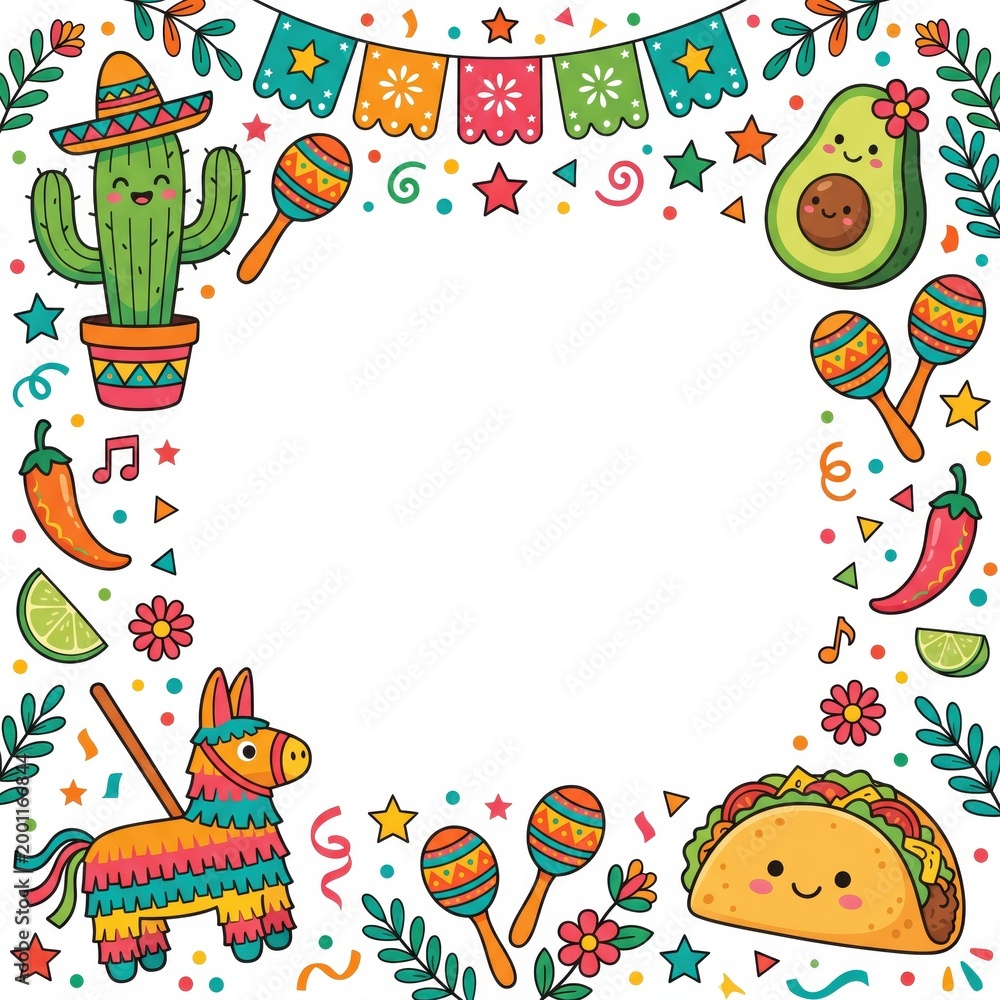 Fototapeta premium Colorful frame design featuring a cactus, pinata, taco, and maracas, perfect for festive celebrations.