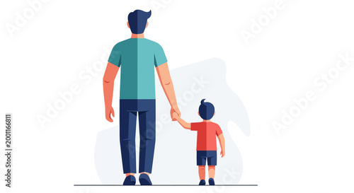 father and son walking together in bright minimalist outdoor setting