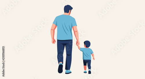 father and son walking together in casual outdoor setting with warm sunlight