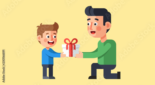 Father Giving Gift to Son, Happy Family Moment, Flat Design