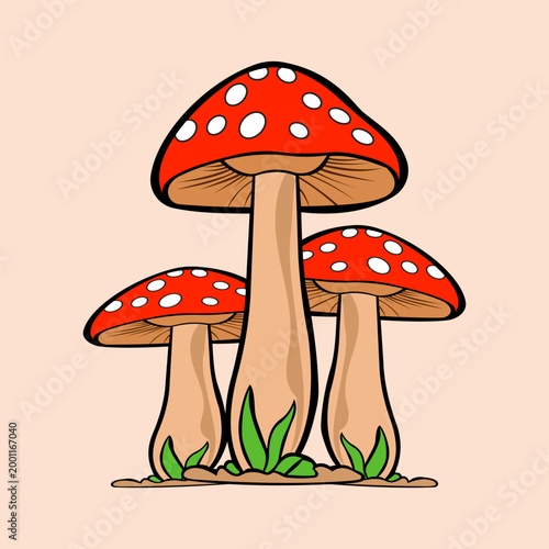 A simple illustration of three red mushrooms with white spots growing on the ground