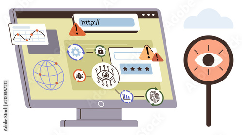 Online threats, cybersecurity, privacy risks, data protection, internet safety, digital monitoring. Monitor displays security warnings and alert icons. Cybersecurity and privacy risks concept