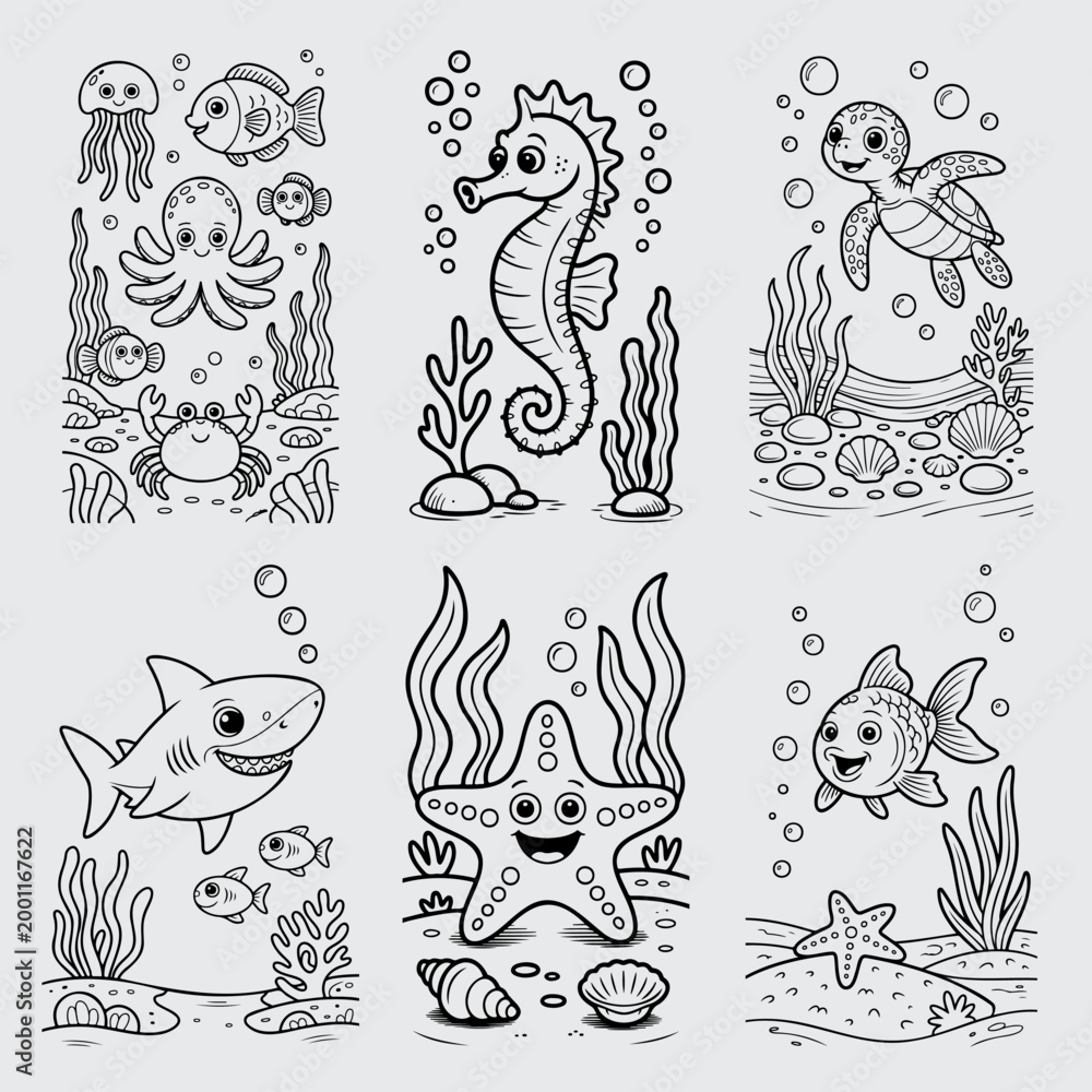 Fototapeta premium Cute underwater creatures coloring pages cartoon style ocean animals for kids activity book design.