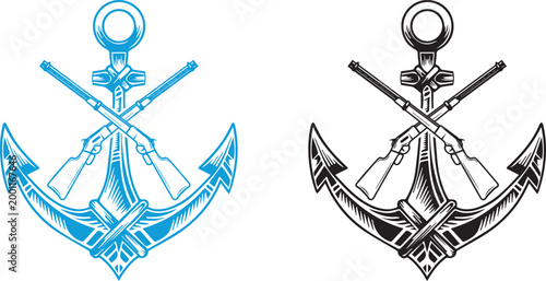 Vintage Anchor with Crossed Rifles Illustration Nautical Military Emblem Vector Set.