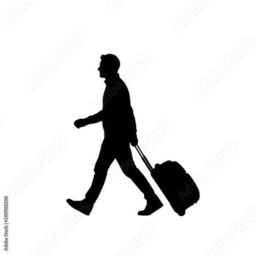 Silhouette of a man walking with a rolling suitcase on a white background, representing travel and movement.