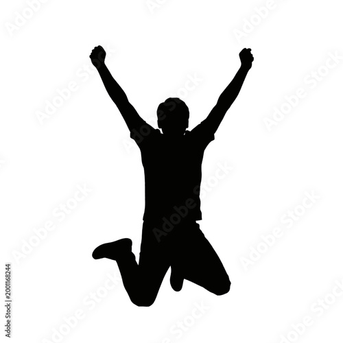 Silhouette of a man jumping with arms raised in celebration against a white background, conveying joy and success.