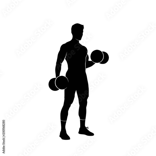 Silhouette of a muscular man performing bicep curls with dumbbells, representing fitness and strength training.