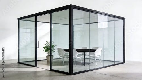 Modern Glass Meeting Room Enclosure Standing in Minimal Office Interior