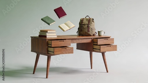 Vintage Wooden Desk with Open Drawers Books and Backpack in Minimal Studio