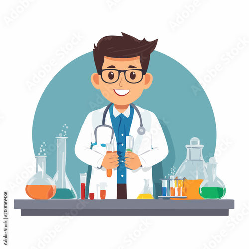 Scientist in Lab Coat with Test Tubes and Beakers