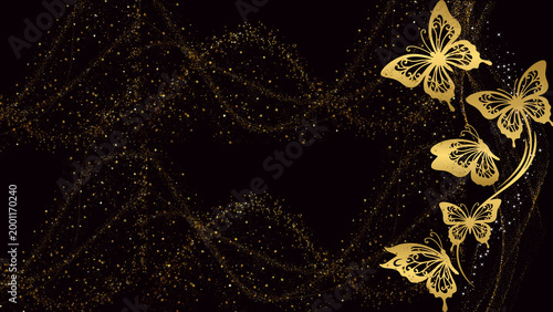 Golden Butterflies and Glittering Dust Particles on a Dark Background - Elegant Abstract Design