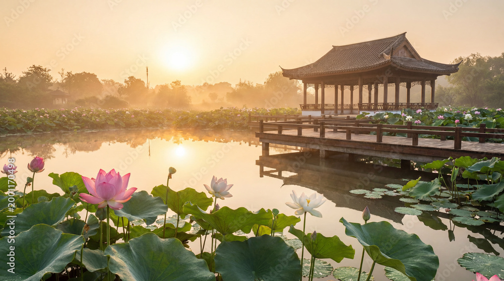 Fototapeta premium Morning Light Over Lotus Pond With Glassy Water Delicate Petals Serene And Peaceful Natural Reflection