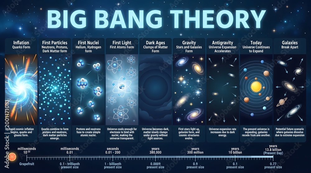 Fototapeta premium Detailed Illustrated Big Bang Theory Timeline of Universe Evolution Stages