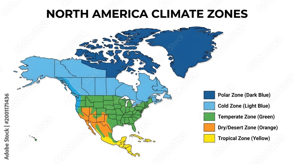 Fototapeta premium Detailed Flat North America Climate Zone Diagram Geography Chart