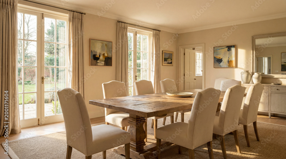 Fototapeta premium Sunlit Dining Room With Large Wooden Table Near Expansive Windows Natural Light And Elegant Atmosphere