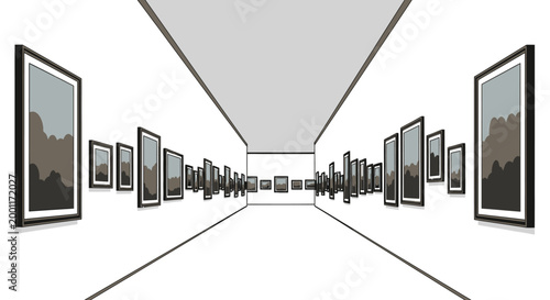 Photos Art gallery interior with framed paintings receding into distance, perspective v