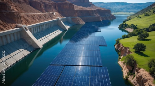 Massive Floating Solar Farm on a Dam Reservoir in a Scenic Canyon
