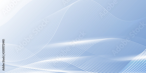 Abstract white line waves and dotted data flow on light blue background, modern technology banner for web, business and presentation design