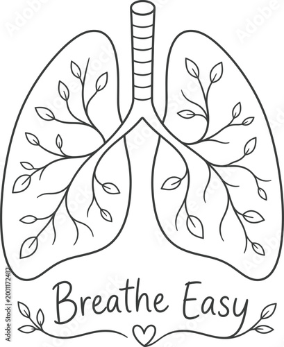 Breathe Easy lungs coloring page, respiratory health vector illustration with botanical leaves, trachea, heart, mindfulness wellness quote, medical anatomy design, printable black and white line art