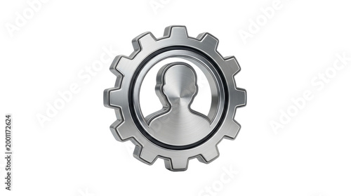 A metallic gear icon with a silhouette of a person inside, representing human resources and operational efficiency, isolated on a white background.