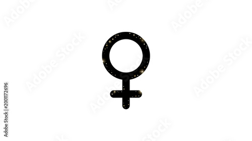 A sparkling black female gender symbol is isolated on a clean white background, representing femininity and identity with a magical, ethereal glow.