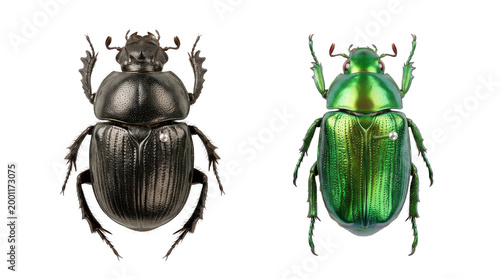 Two detailed macro studio shots showcase a dark iridescent beetle and a vibrant metallic green beetle against a clean white background.