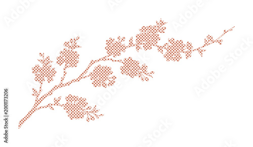 Photos Delicate cross-stitch cherry blossom branch, intricate floral embroidery design,