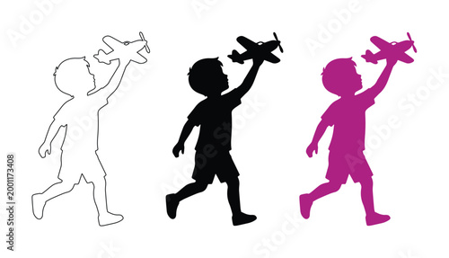 Child playing with toy airplane, boy silhouette with model aircraft, kids' aviation dream, playful childhood vector graphic isolated on White Background